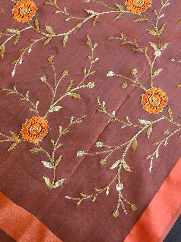 Banarasee Embroidered Gold Jaal Design Organza Dupatta-Orange