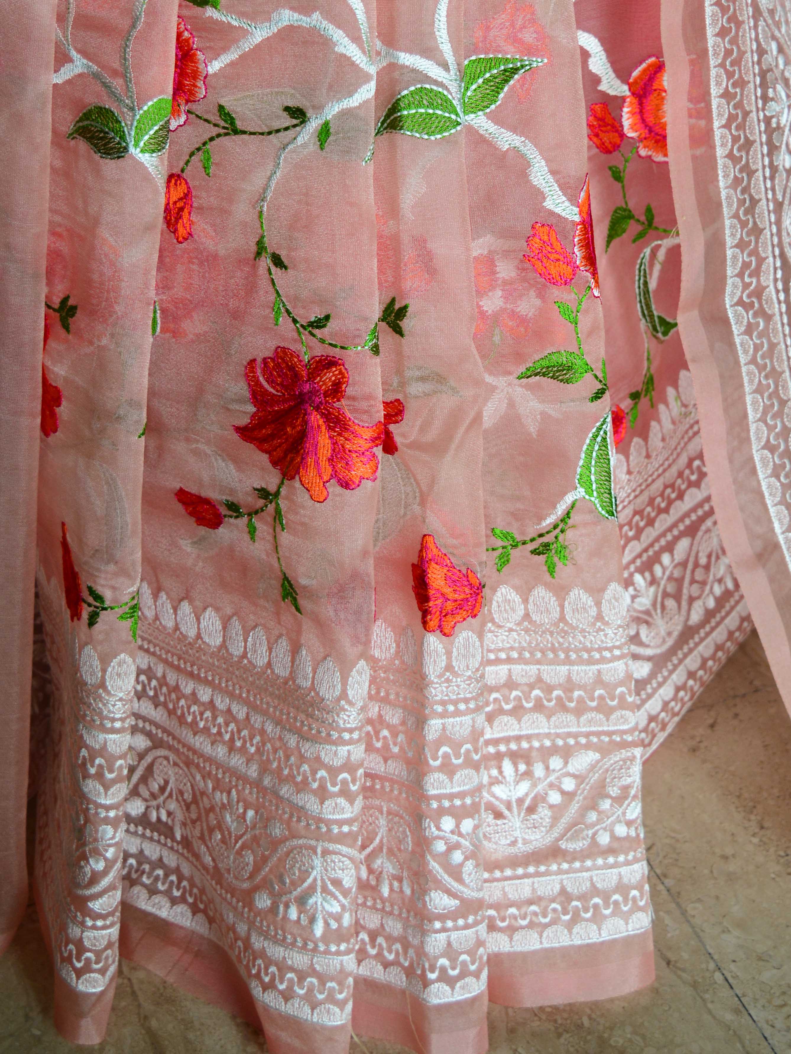 Banarasee Handwoven Organza Silk Multicolour Resham Floral Embroidery Saree-Peach