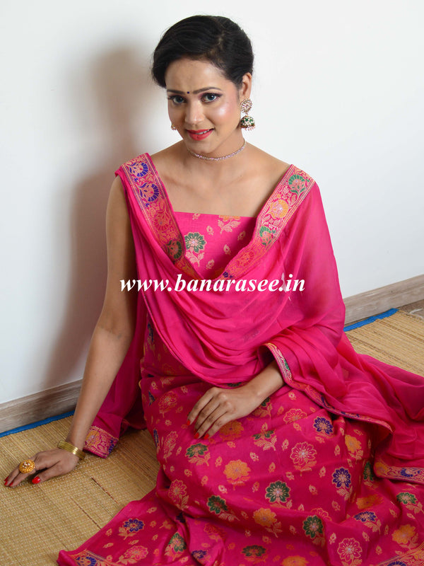 Banarasee Salwar Kameez Semi Katan Silk Zari Buti Fabric With Chiffon Dupatta-Pink