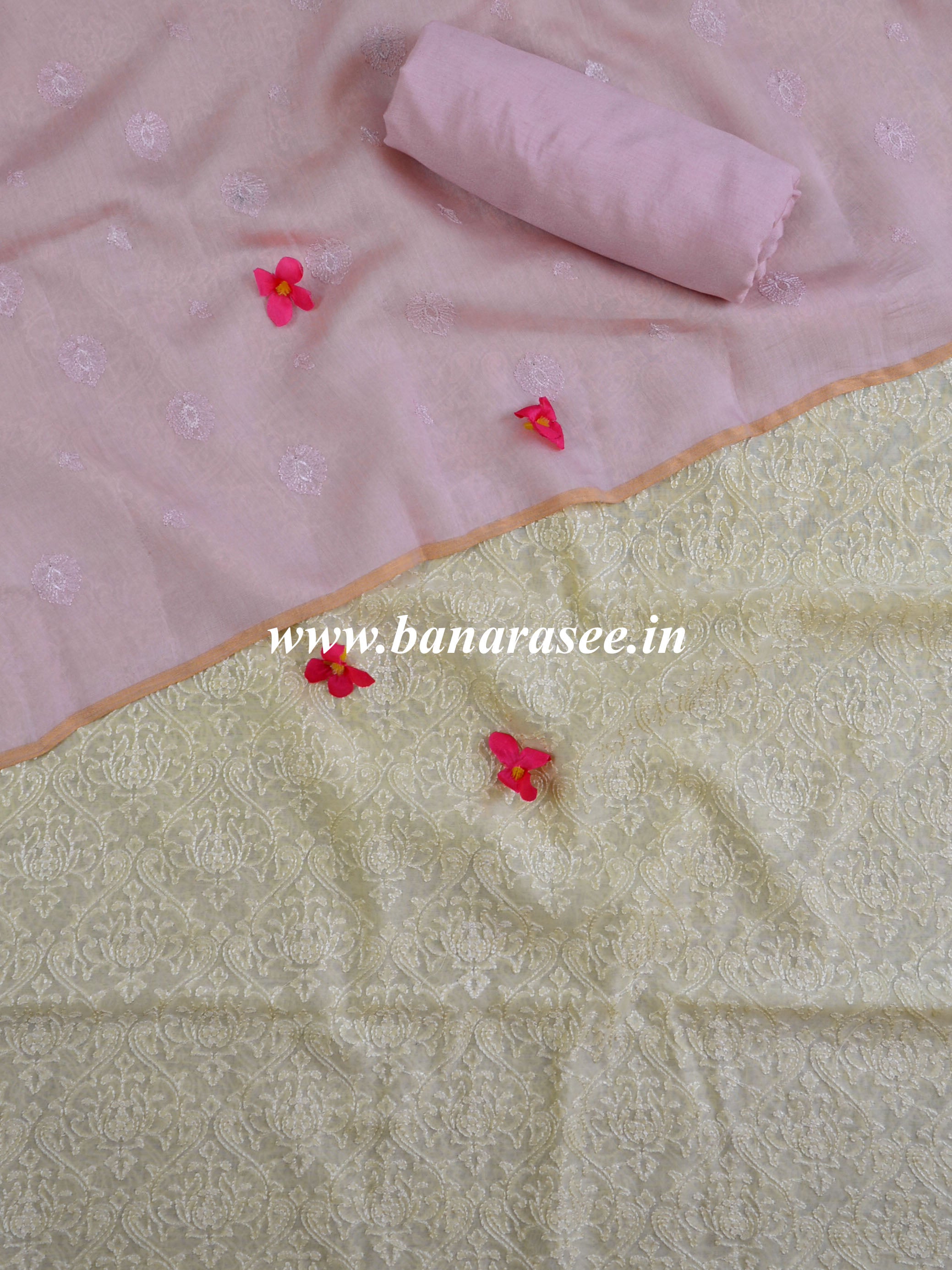 Chikankari Handloom Chanderi Cotton Salwar Kameez Set-Yellow & Pink