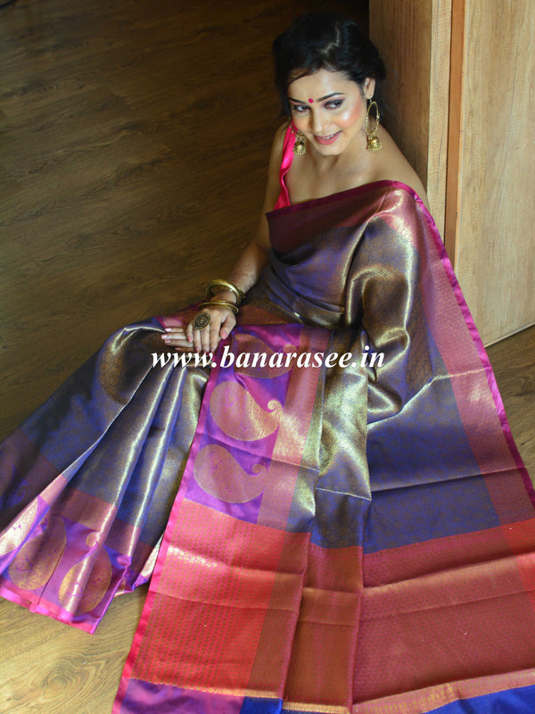 Banarasee Kora Muslin Saree With Tanchoi Design & Paisley Border-Blue