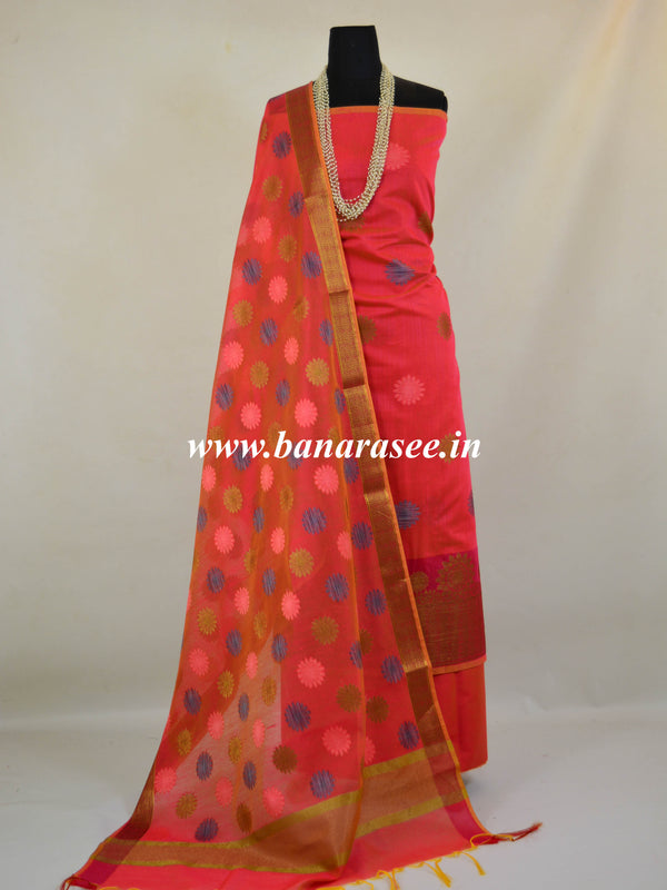 Banarasee Chanderi Cotton Salwar Kameez Fabric With Resham Buta Design-Red