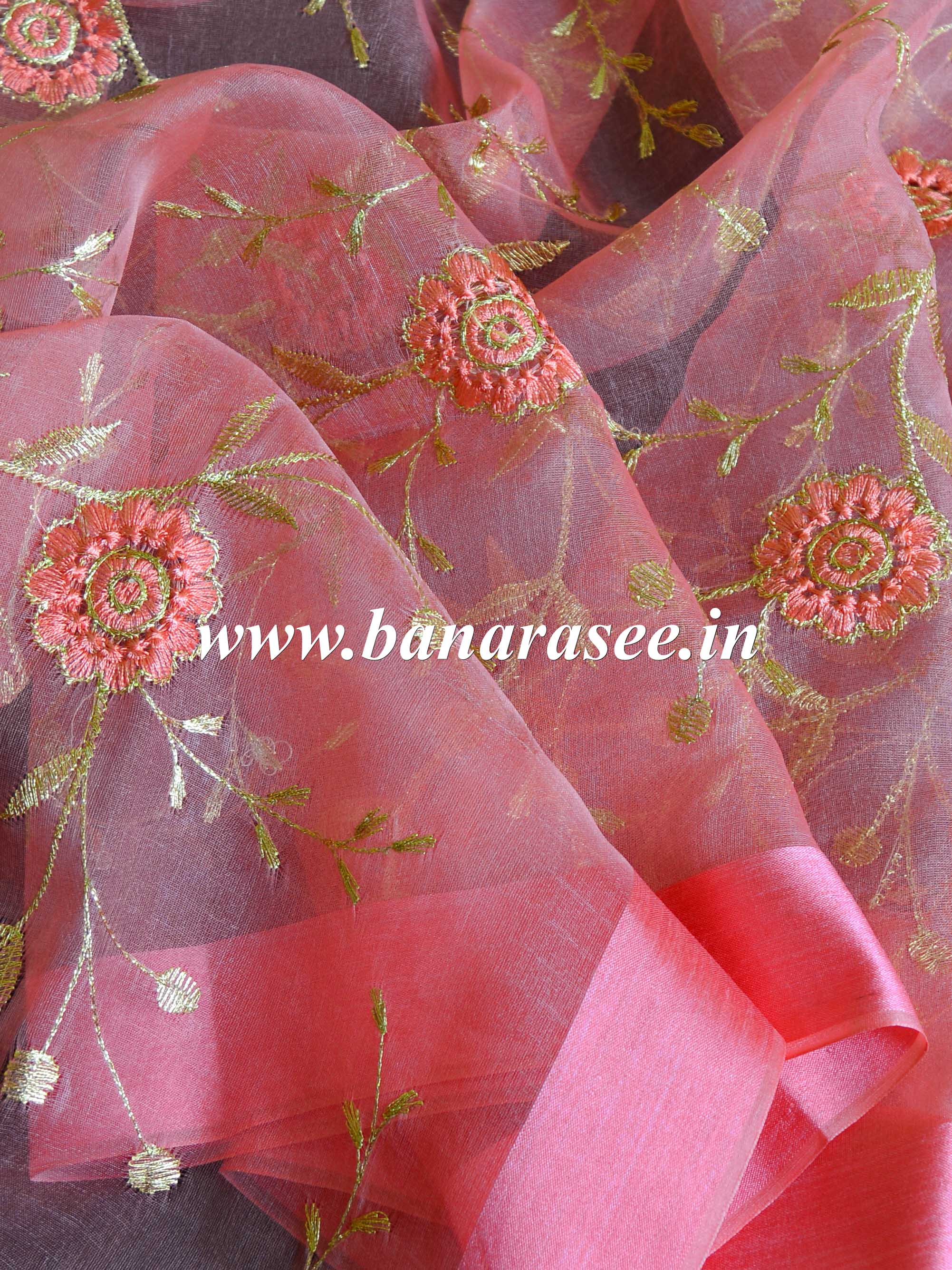 Banarasee Embroidered Gold Jaal Design Organza Dupatta-Peach