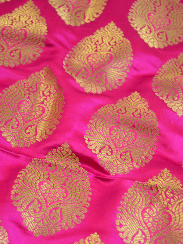 Banarasee Satin Brocade Antique Gold Zari Leaf Buti Design Fabric-Hot Pink