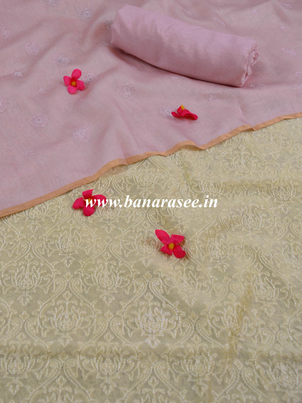 Chikankari Handloom Chanderi Cotton Salwar Kameez Set-Yellow & Pink