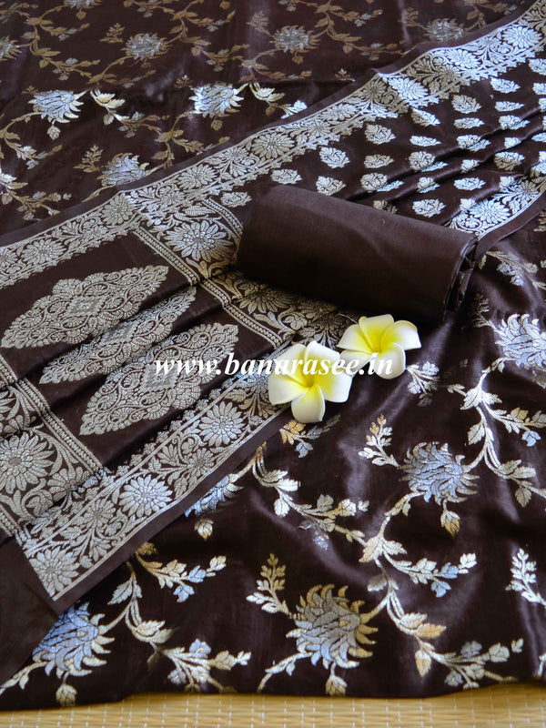 Banarasee Salwar Kameez Glossy Cotton Silk Silver Woven Buti Fabric-Brown