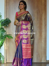 Banarasee Kora Muslin Saree With Tanchoi Design & Paisley Border-Blue