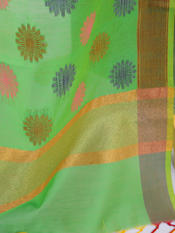 Banarasee Chanderi Cotton Salwar Kameez Fabric With Resham Buta Design-Green