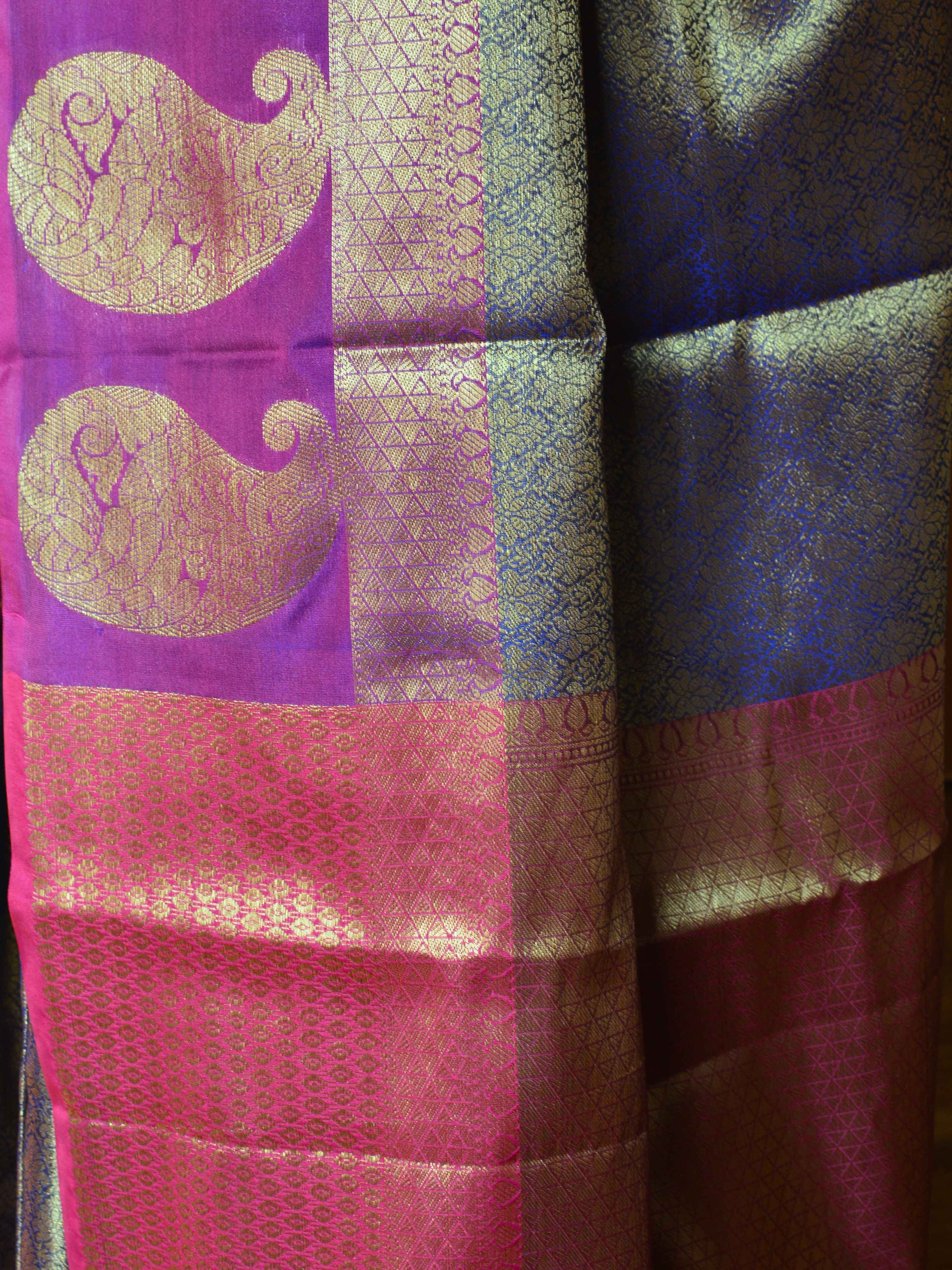 Banarasee Kora Muslin Saree With Tanchoi Design & Paisley Border-Blue