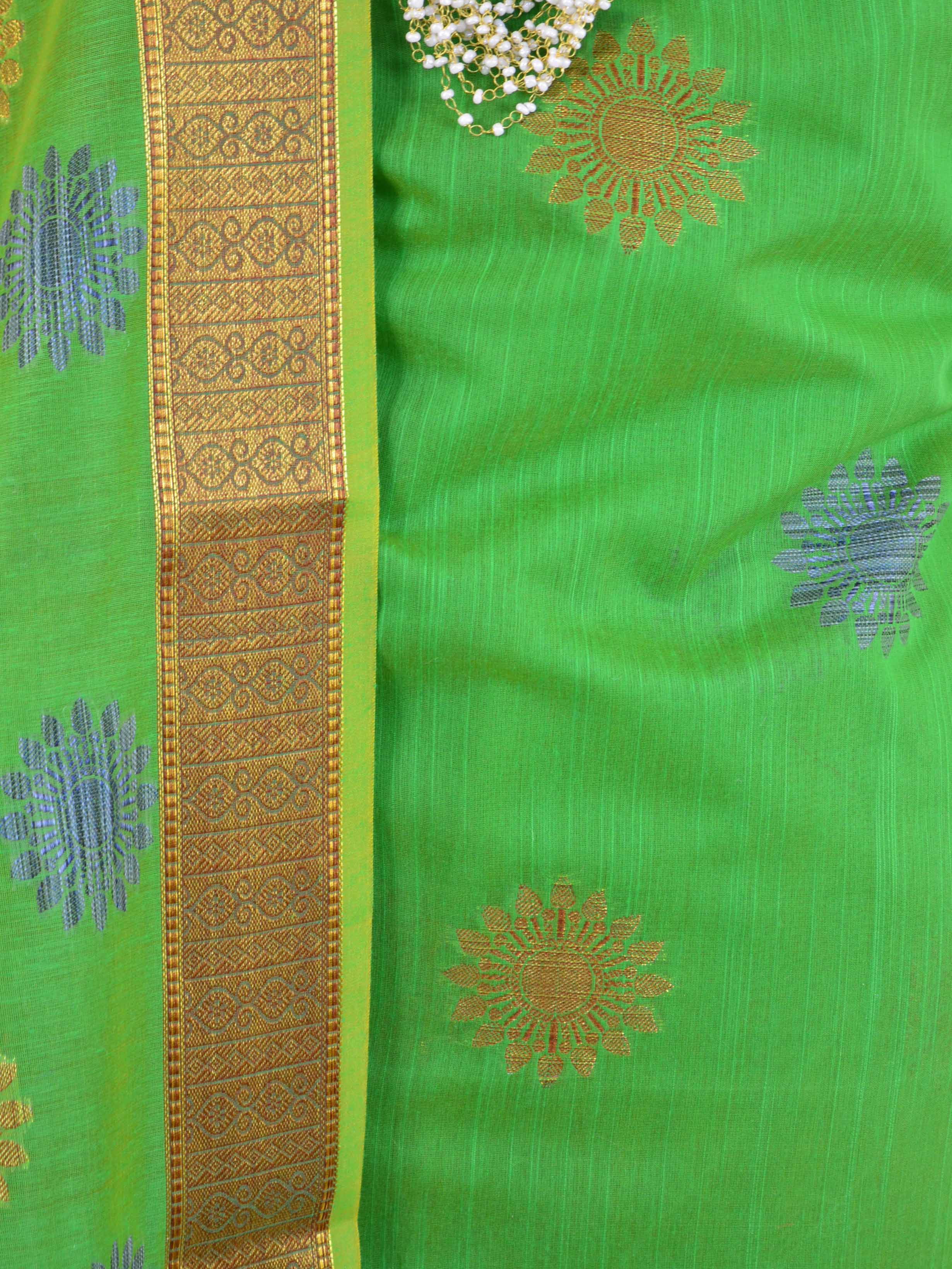 Banarasee Chanderi Cotton Salwar Kameez Fabric With Resham Buta Design-Green