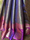 Banarasee Kora Muslin Saree With Tanchoi Design & Paisley Border-Blue