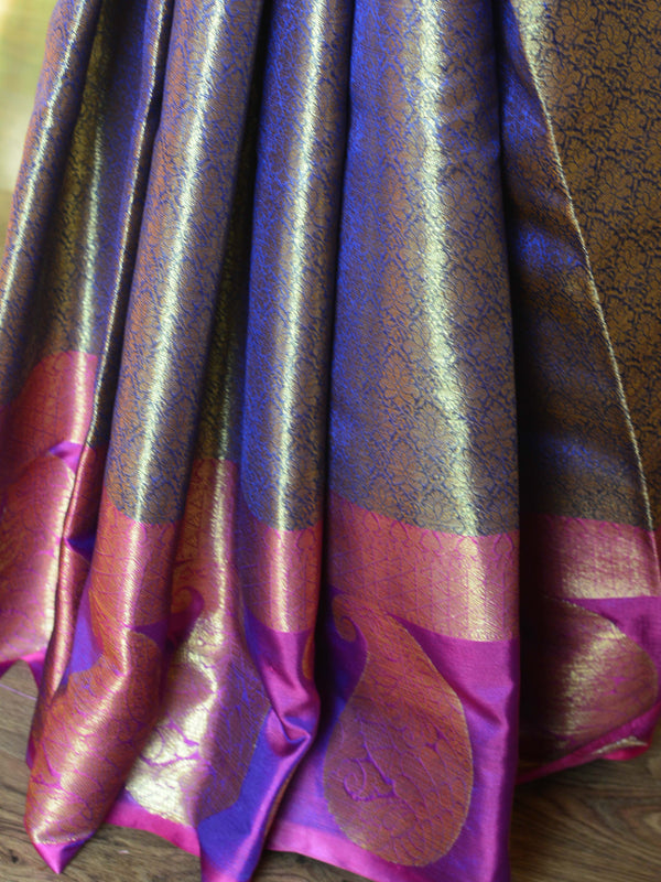 Banarasee Kora Muslin Saree With Tanchoi Design & Paisley Border-Blue