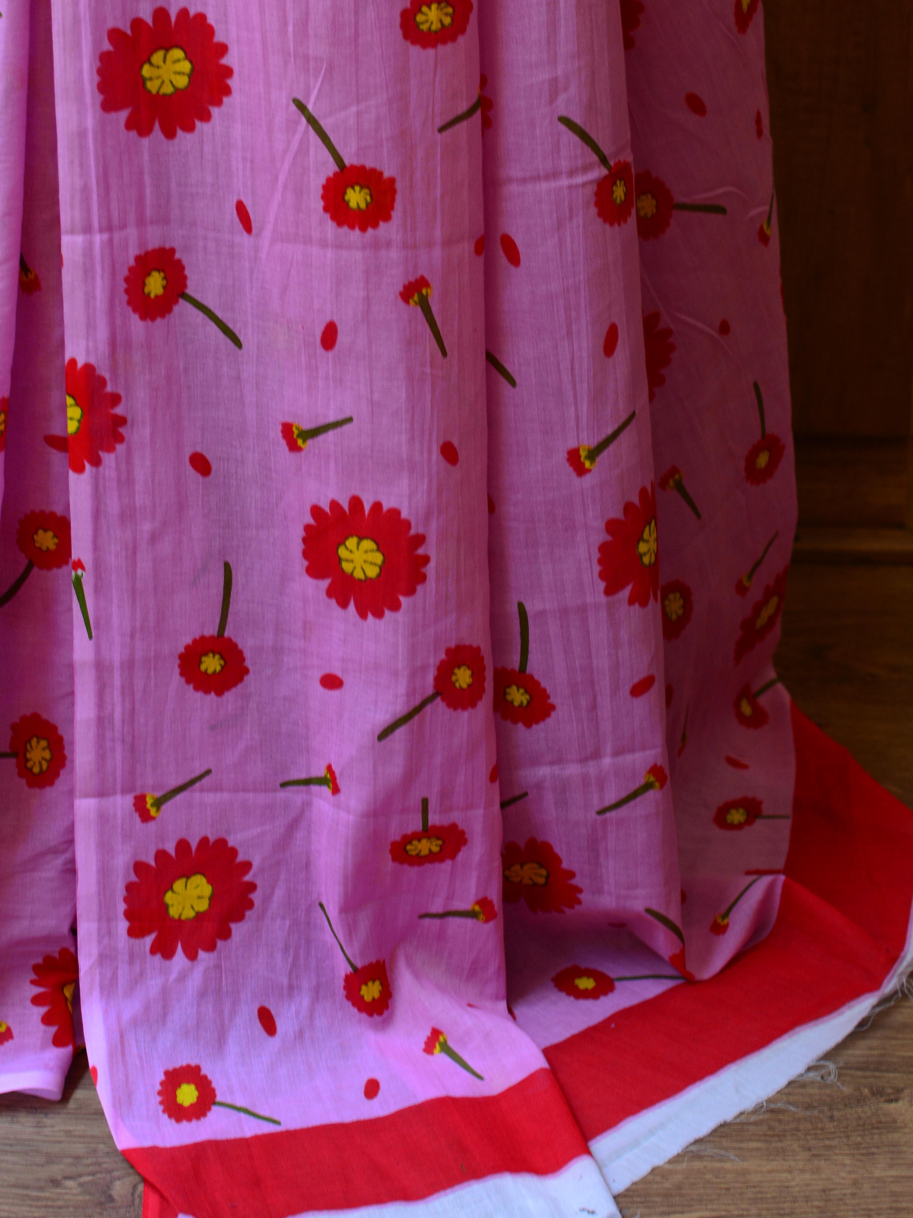 Handloom Mul Cotton Block Print Saree-Peach
