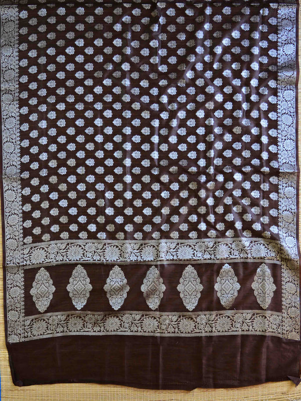 Banarasee Salwar Kameez Glossy Cotton Silk Silver Woven Buti Fabric-Brown