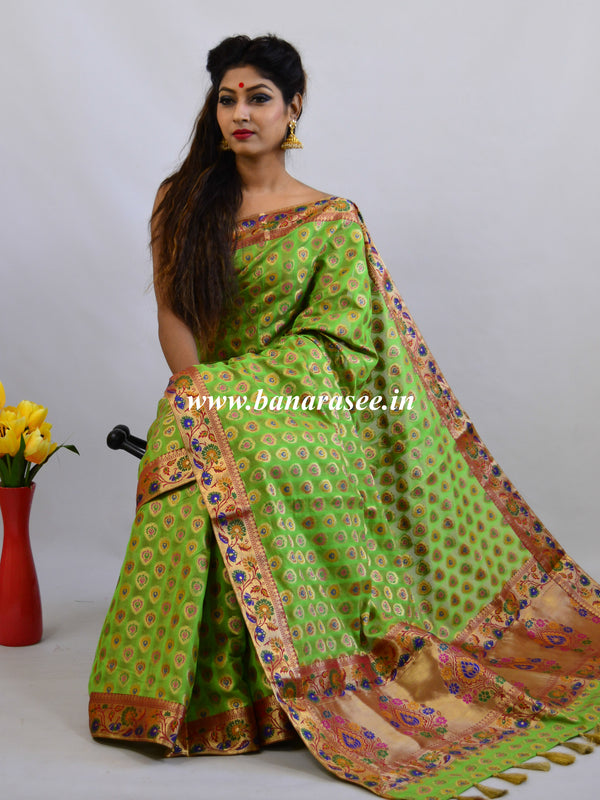 Banarasee Faux Georgette Saree With Paithani Border-Green