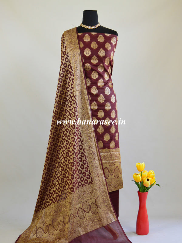 Banarasee Salwar Kameez Cotton Silk Gold Zari Buti Woven Fabric-Coffee Brown