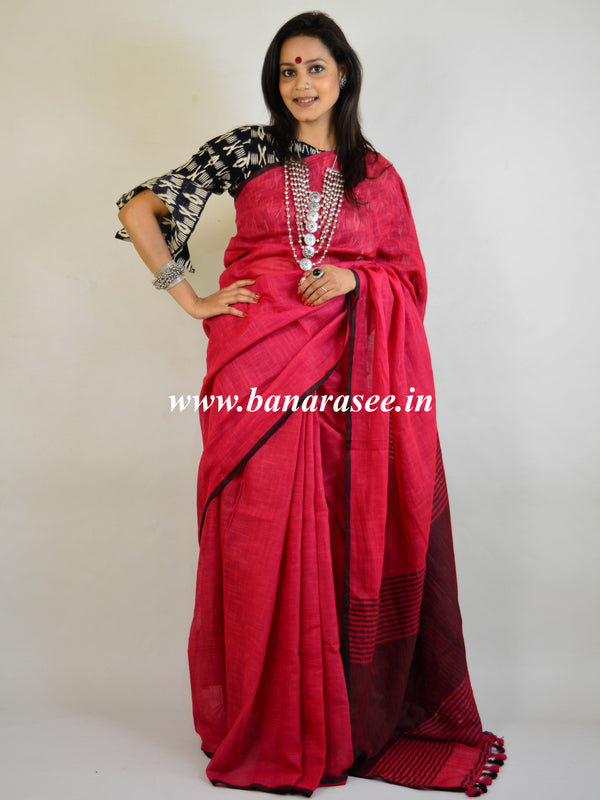 Banarasee Handloom Khadi Black Border Saree With Black Blouse-Cherry Red