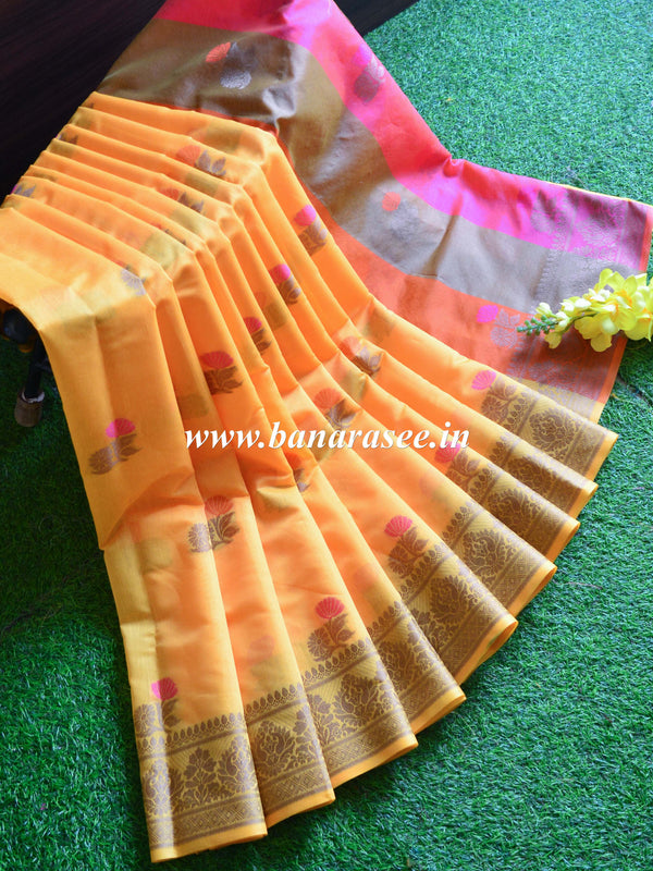 Banarasee Chanderi Cotton Saree With Resham Buti & Border-Yellow
