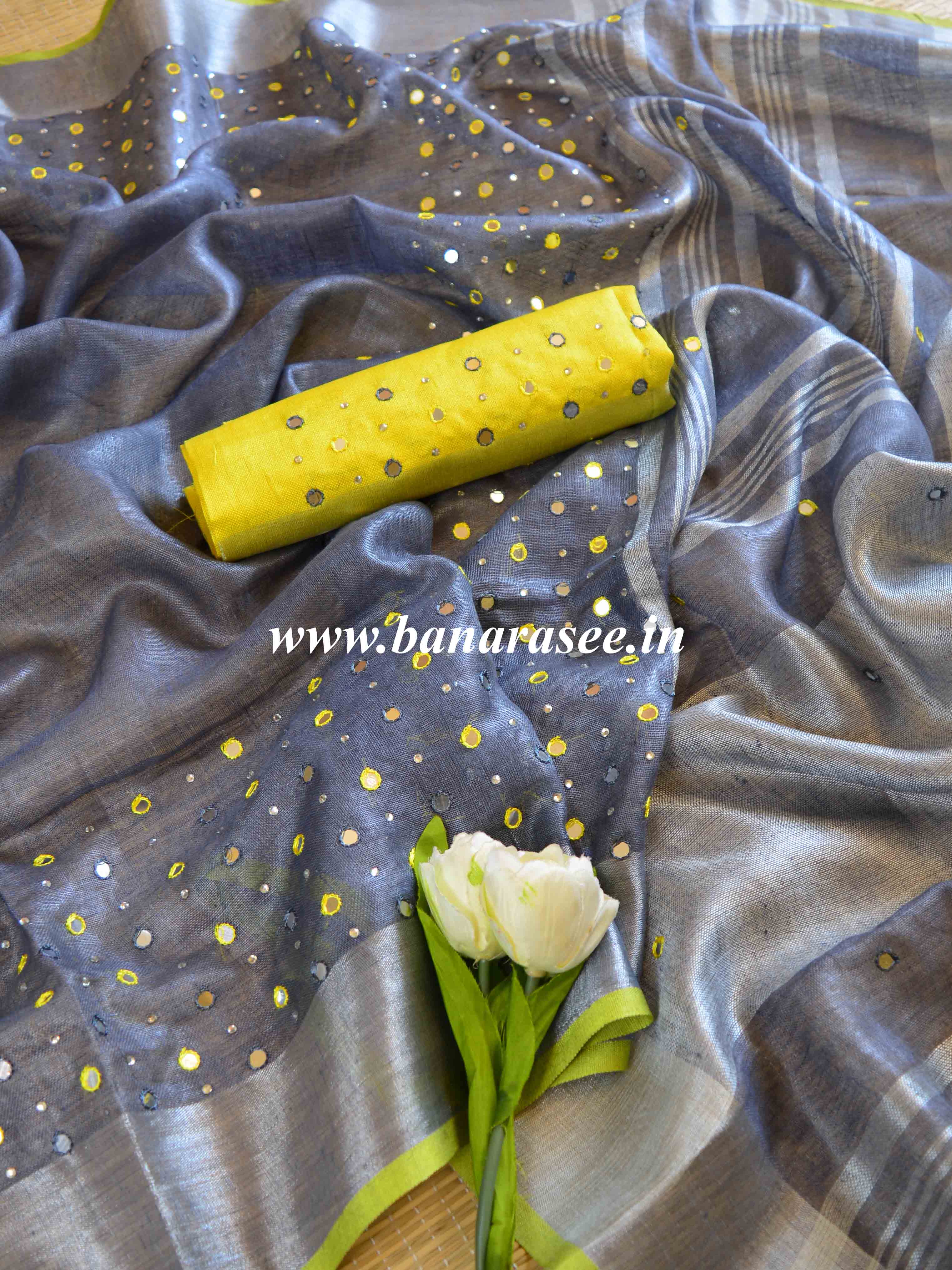 Banarasee Handloom Pure Linen Saree With Mirror Work-Grey