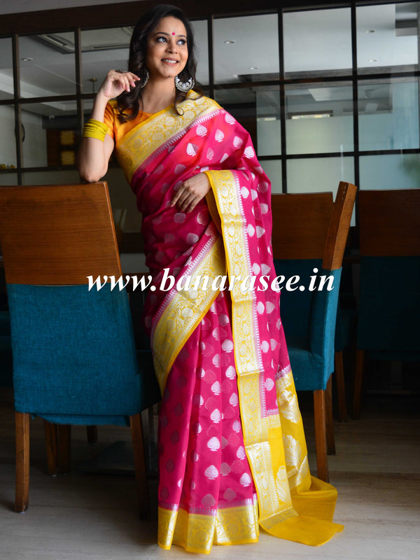 Banarasee Handwoven Semi-Chiffon Saree With Silver Zari Work-Pink & Yellow