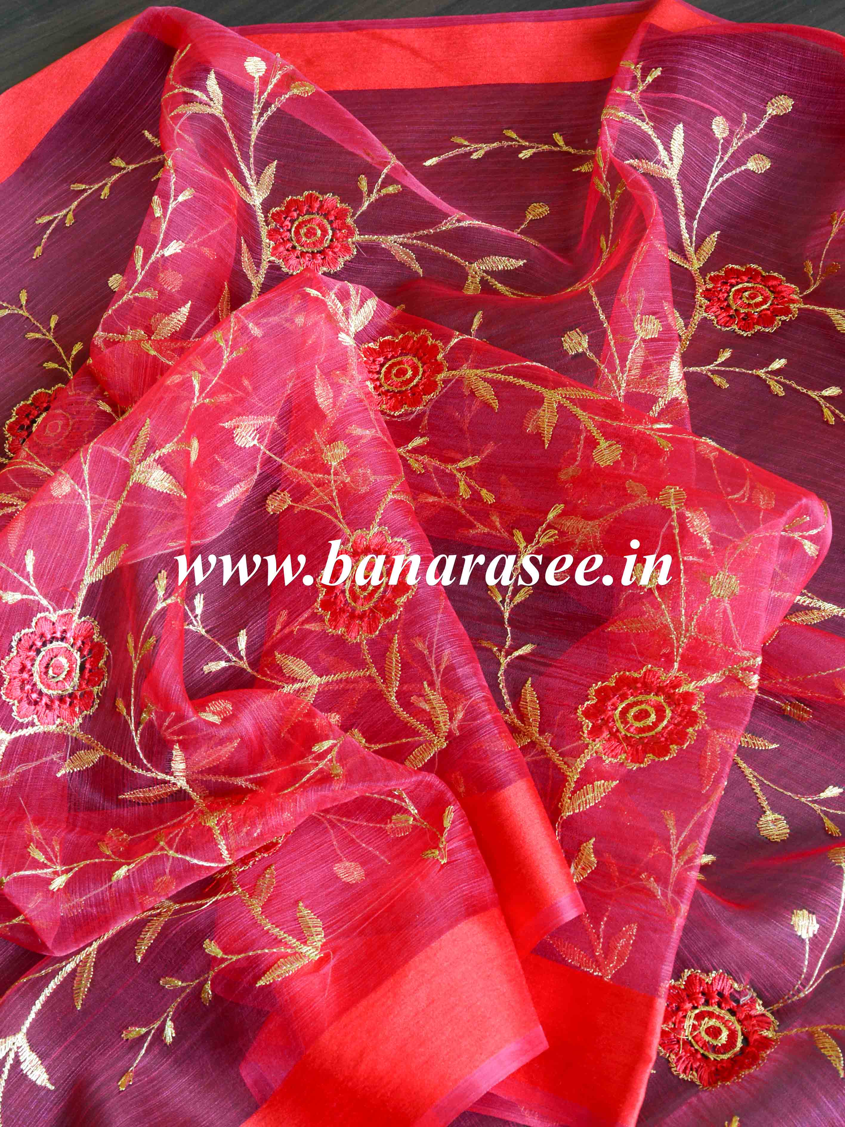 Banarasee Embroidered Gold Jaal Design Organza Dupatta-Red