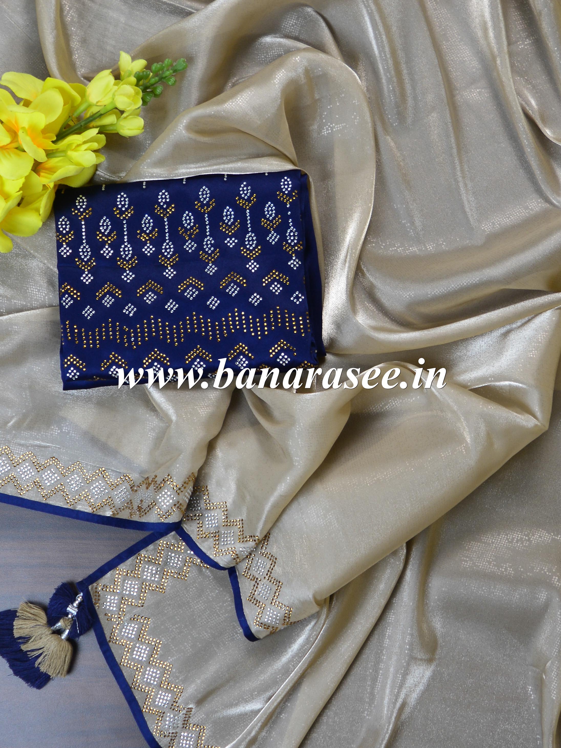 Banarasee Handwoven Plain Tissue Silk Swarovski Work Saree With Silk Blouse-Silver