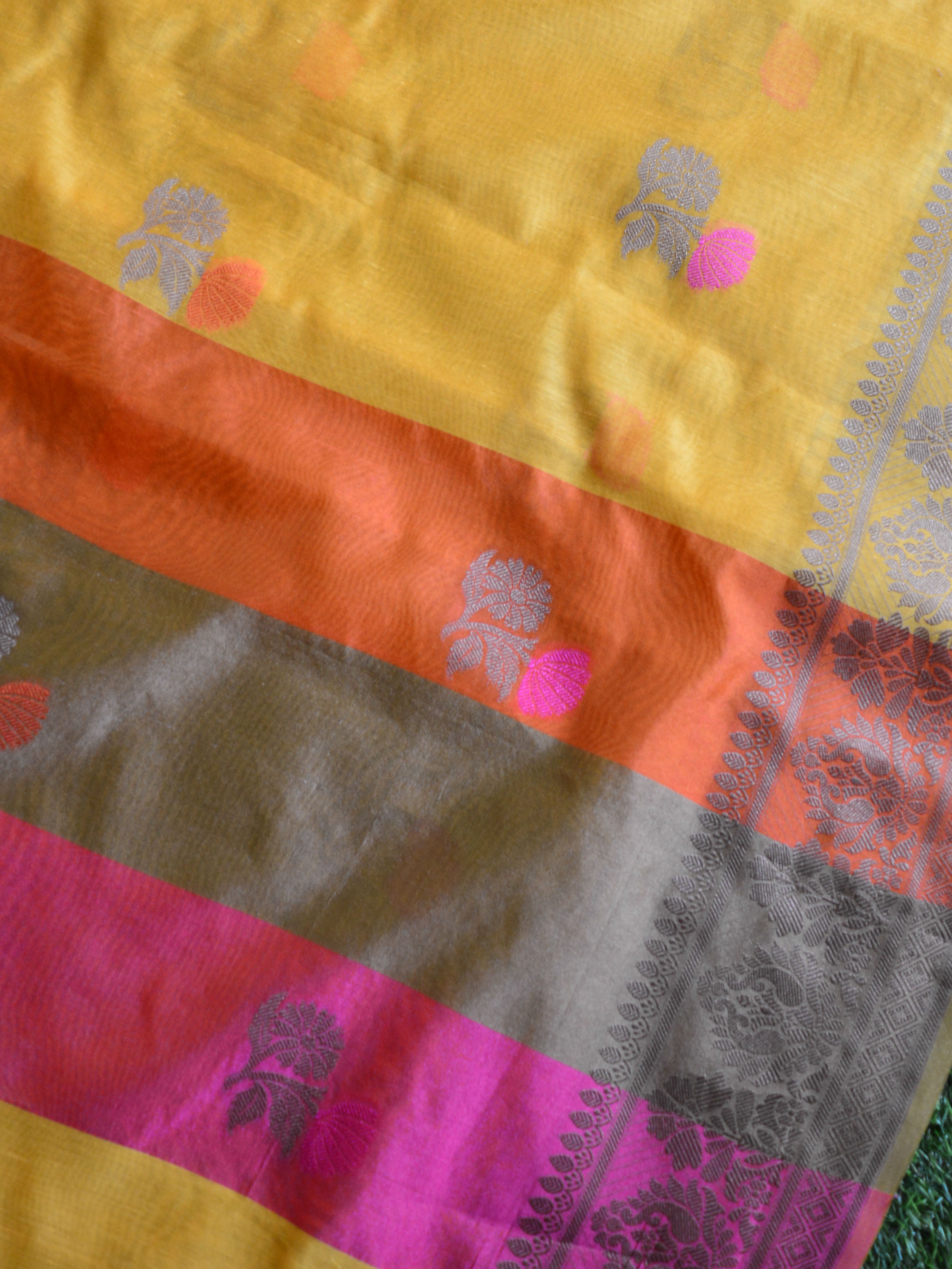 Banarasee Chanderi Cotton Saree With Resham Buti & Border-Yellow