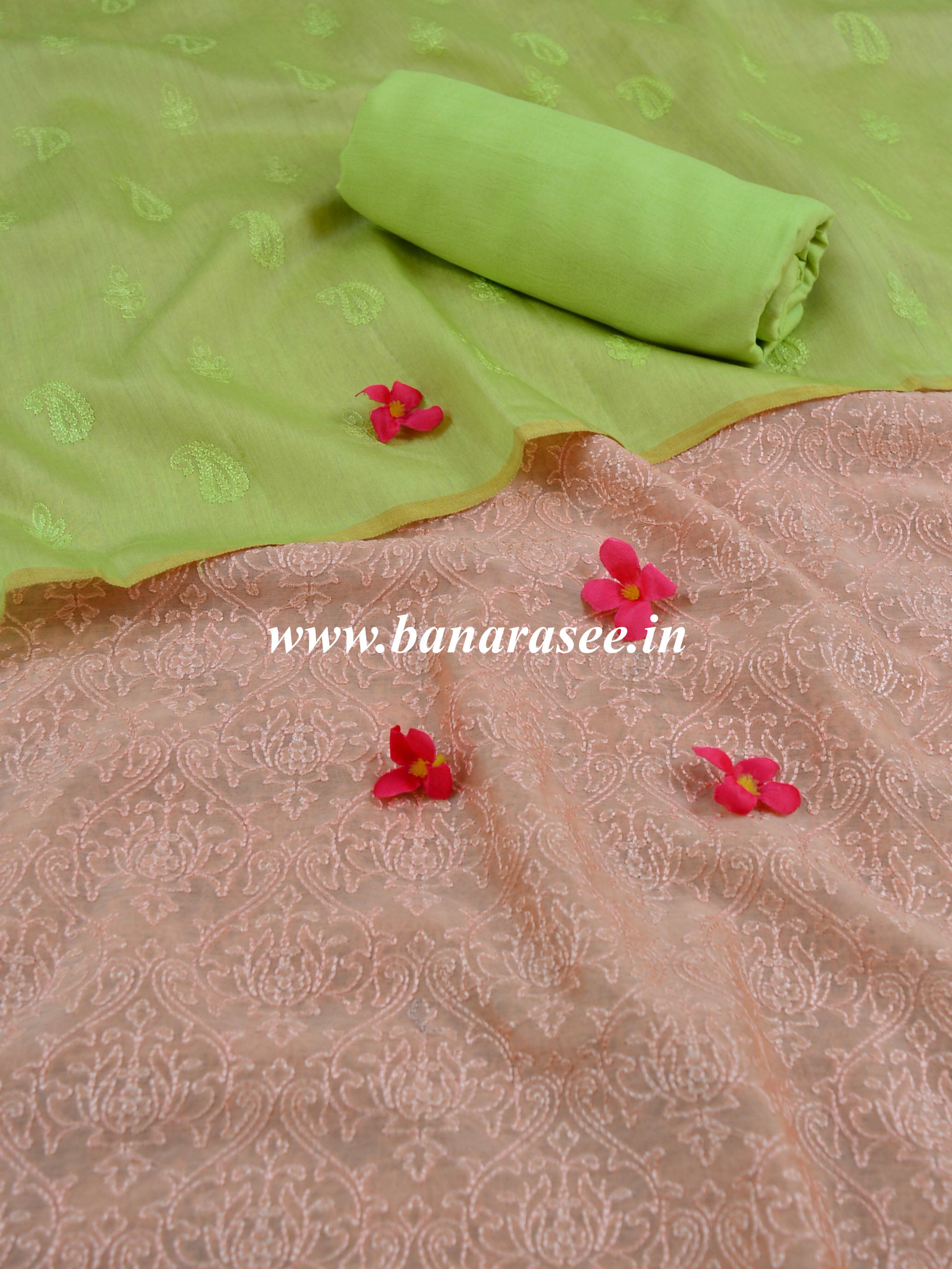 Chikankari Handloom Chanderi Cotton Salwar Kameez Set-Peach & Green