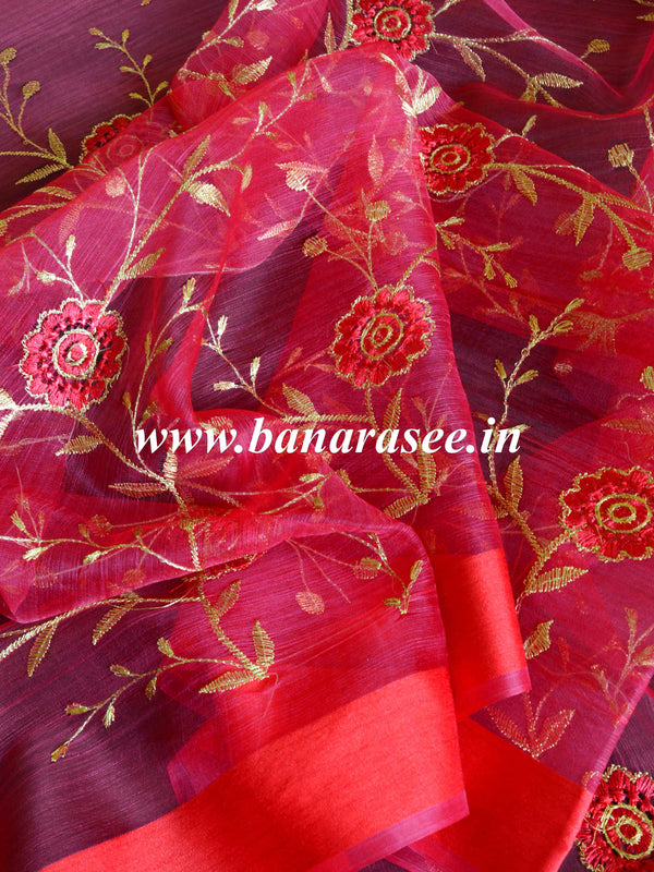 Banarasee Embroidered Gold Jaal Design Organza Dupatta-Red