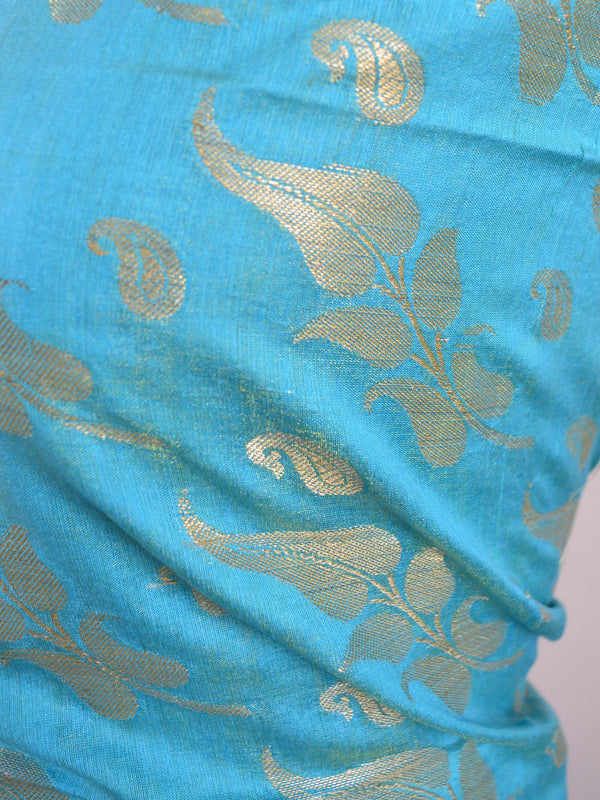 Banarasee/Banarasi Salwar Kameez Cotton Silk Gold Zari Leaf Buti Woven Fabric-Aqua Blue
