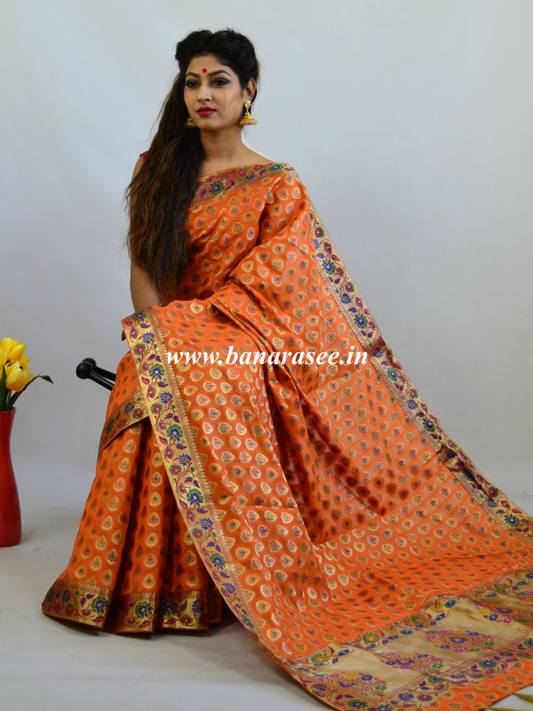 Banarasee Faux Georgette Saree With Paithani Border-Orange