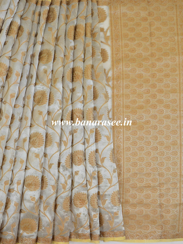 Banarasee Handwoven Tissue Jaal Work Saree-Silver