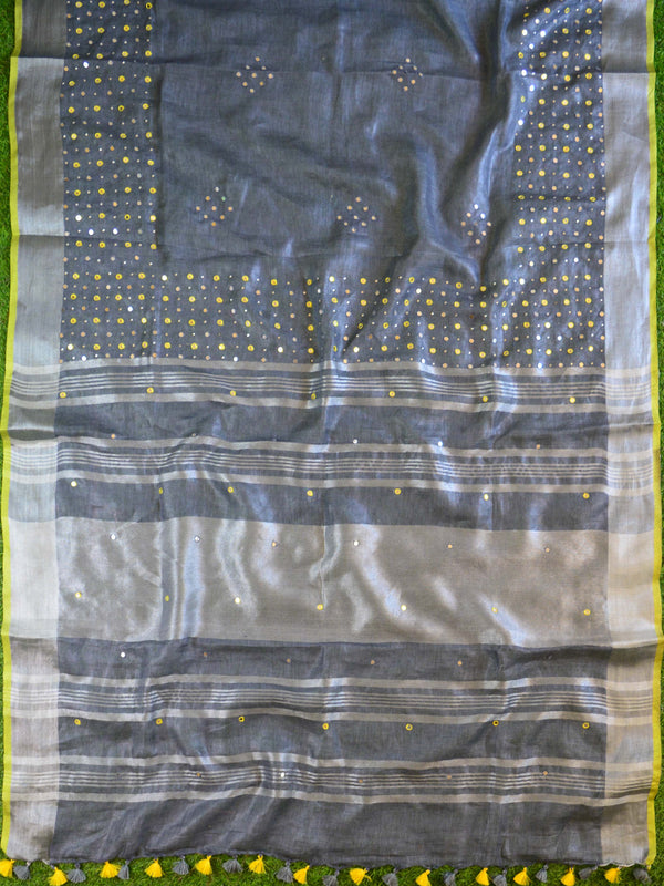 Banarasee Handloom Pure Linen Saree With Mirror Work-Grey