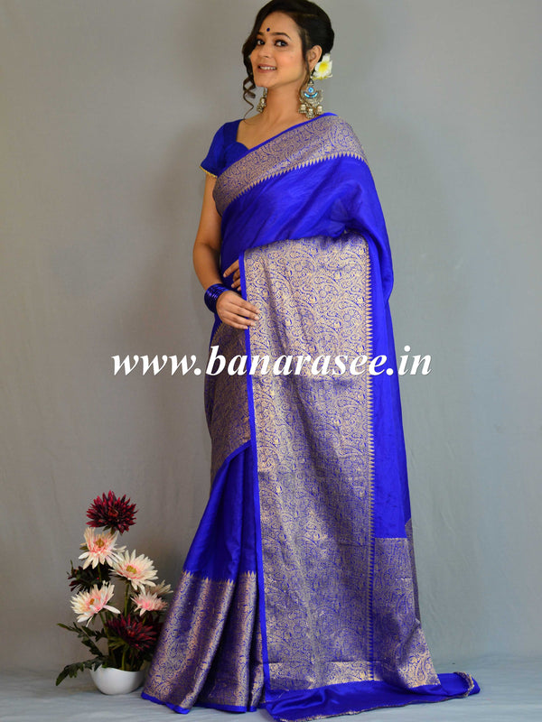 Banarasee Handwoven Semi Silk Saree Broad Zari Border-Blue