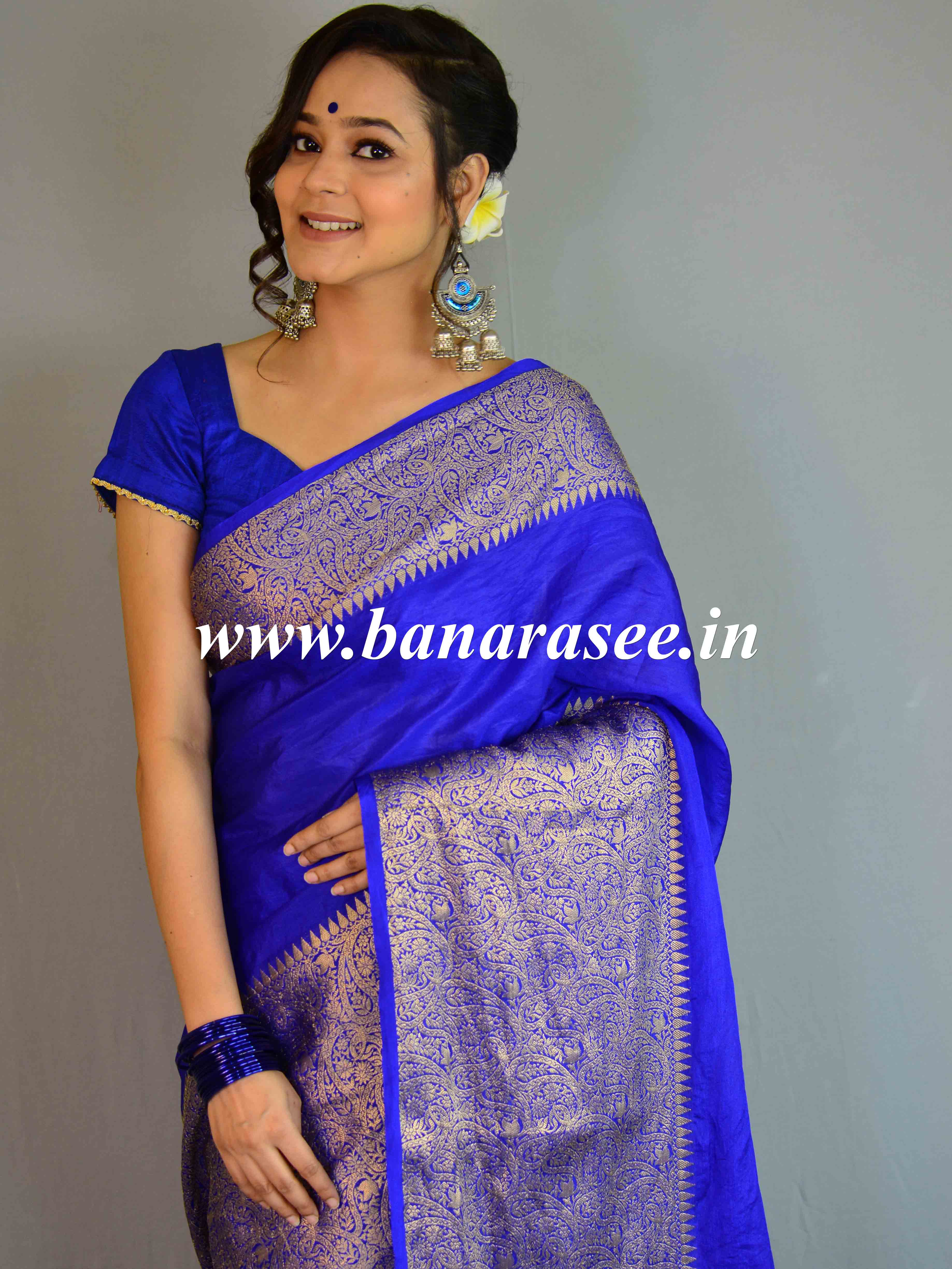 Banarasee Handwoven Semi Silk Saree Broad Zari Border-Blue
