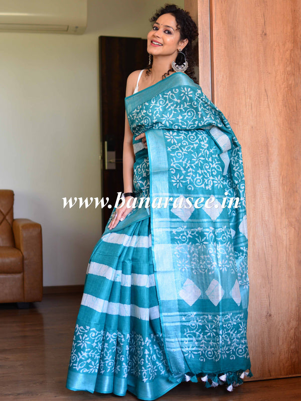 Bhagalpur Handloom Pure Linen Cotton Hand-Dyed Batik Pattern Saree-Green