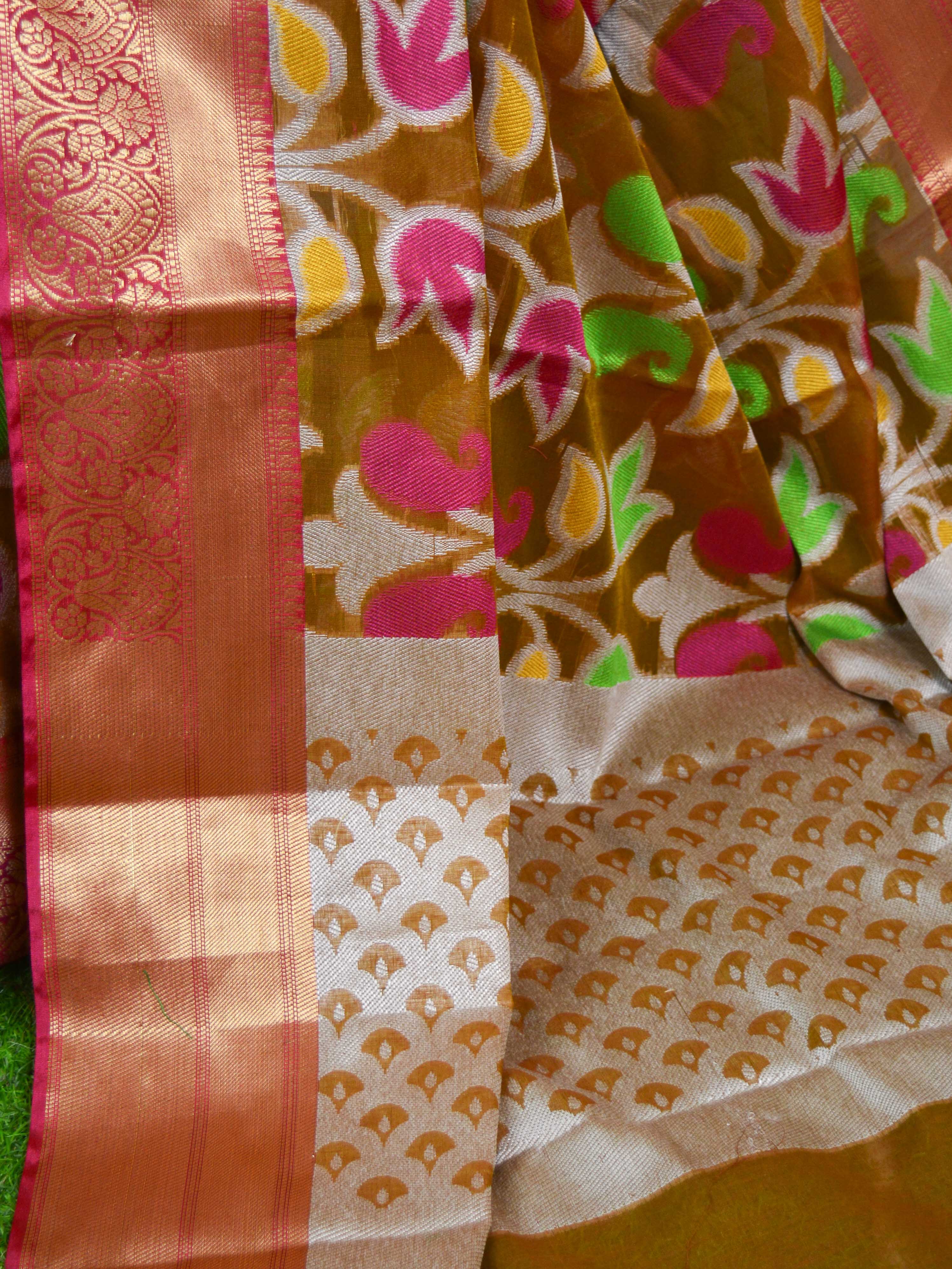 Banarasee Cotton Silk Mix Saree with Floral Resham Jaal & Zari Border-Brown