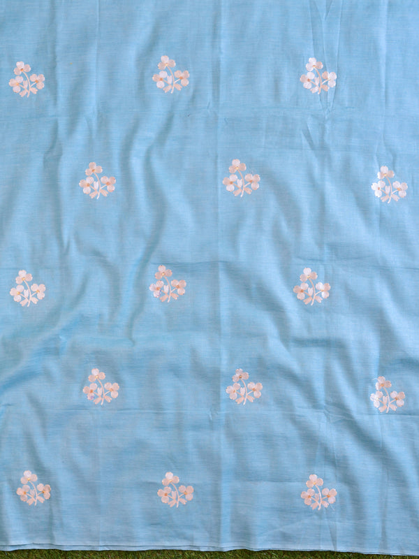 Handwoven Linen Salwar Kameez & Dupatta With Hand-Embroidered Work-Sky Blue