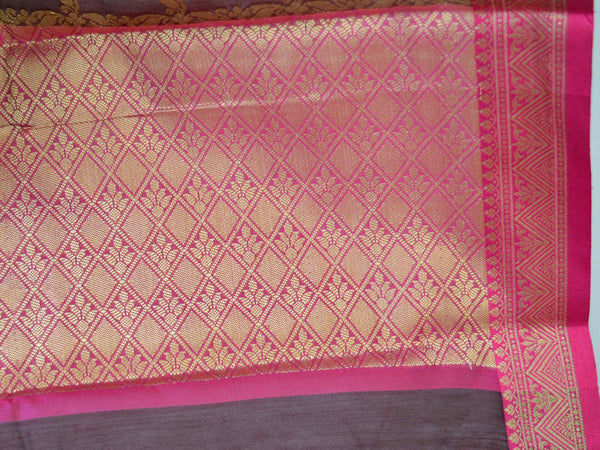 Banarasee Chanderi Cotton Saree With Pink Satin Border & Contrast Blouse-Brown