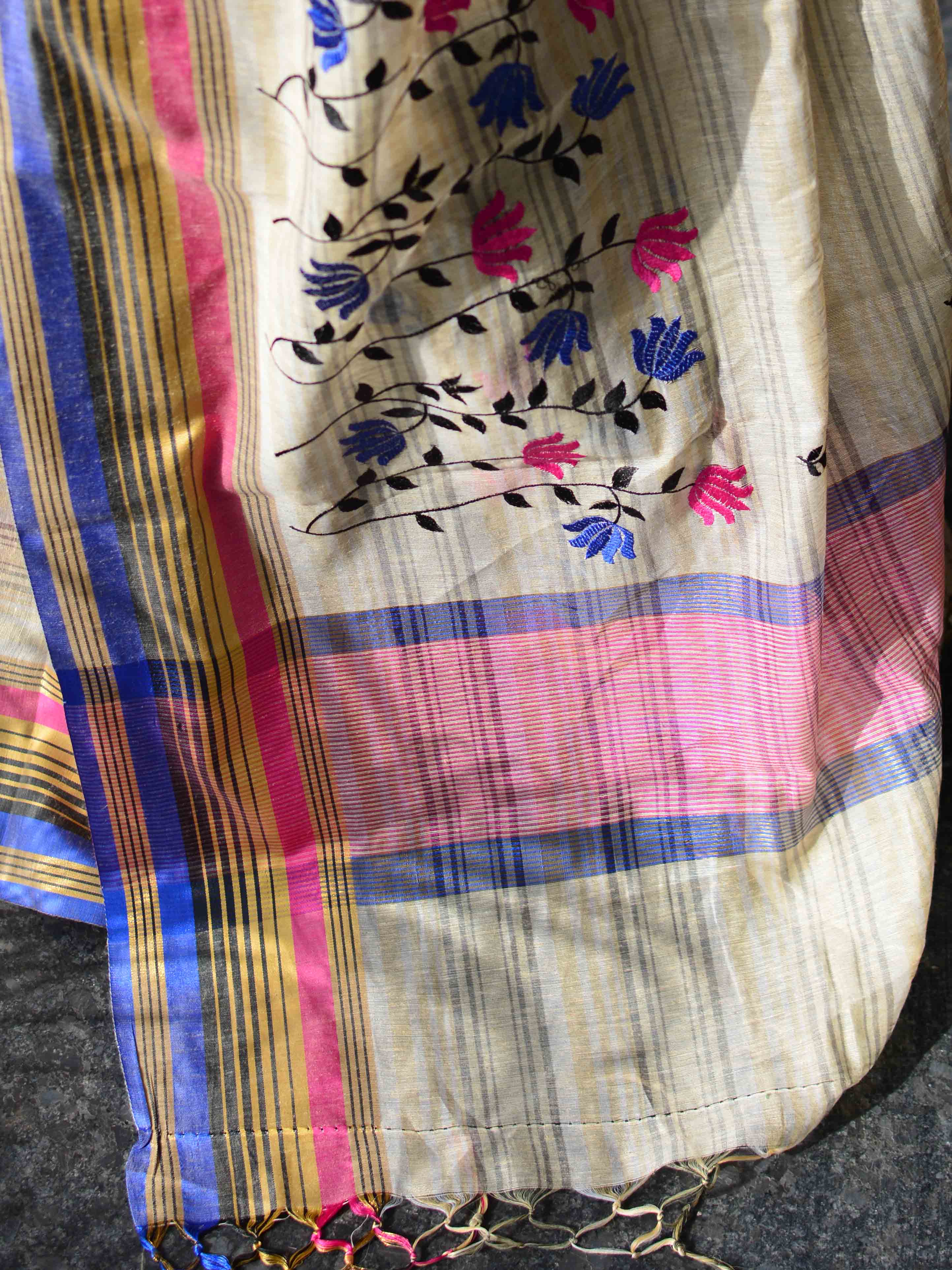 Banarasee Cotton Silk Mix Khadi Saree With Embroidered Border-Beige