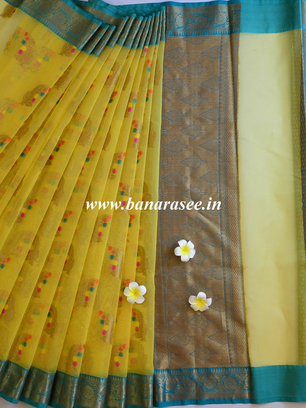 Banarasee Organza Saree With Antique Teal Border-Yellow