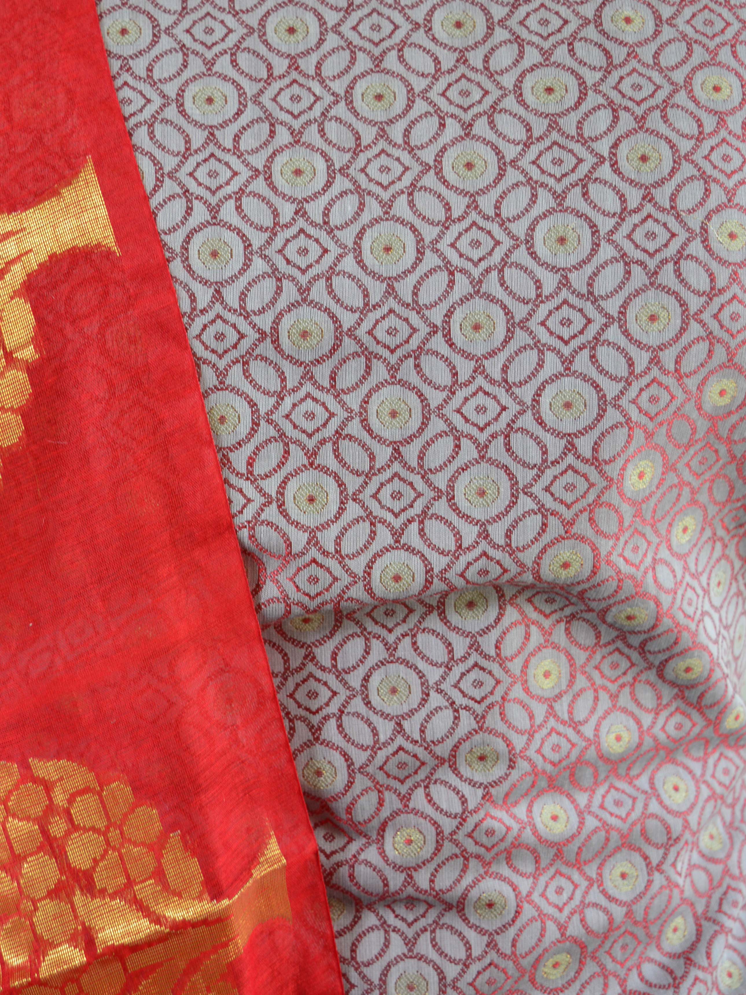 Banarasee Handwoven Satin Brocade Salwar Kameez Fabric With Red Dupatta-Grey