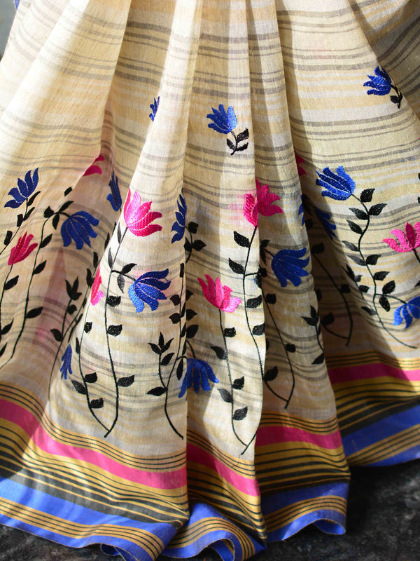 Banarasee Cotton Silk Mix Khadi Saree With Embroidered Border-Beige