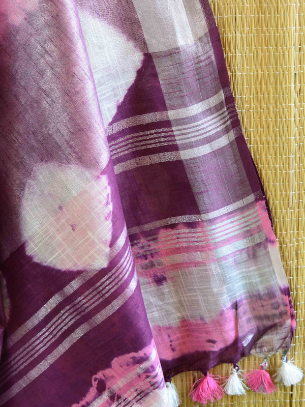 Bhagalpur Handloom Pure Linen Cotton Hand-Dyed Shibori Pattern Saree-Pink & Purple
