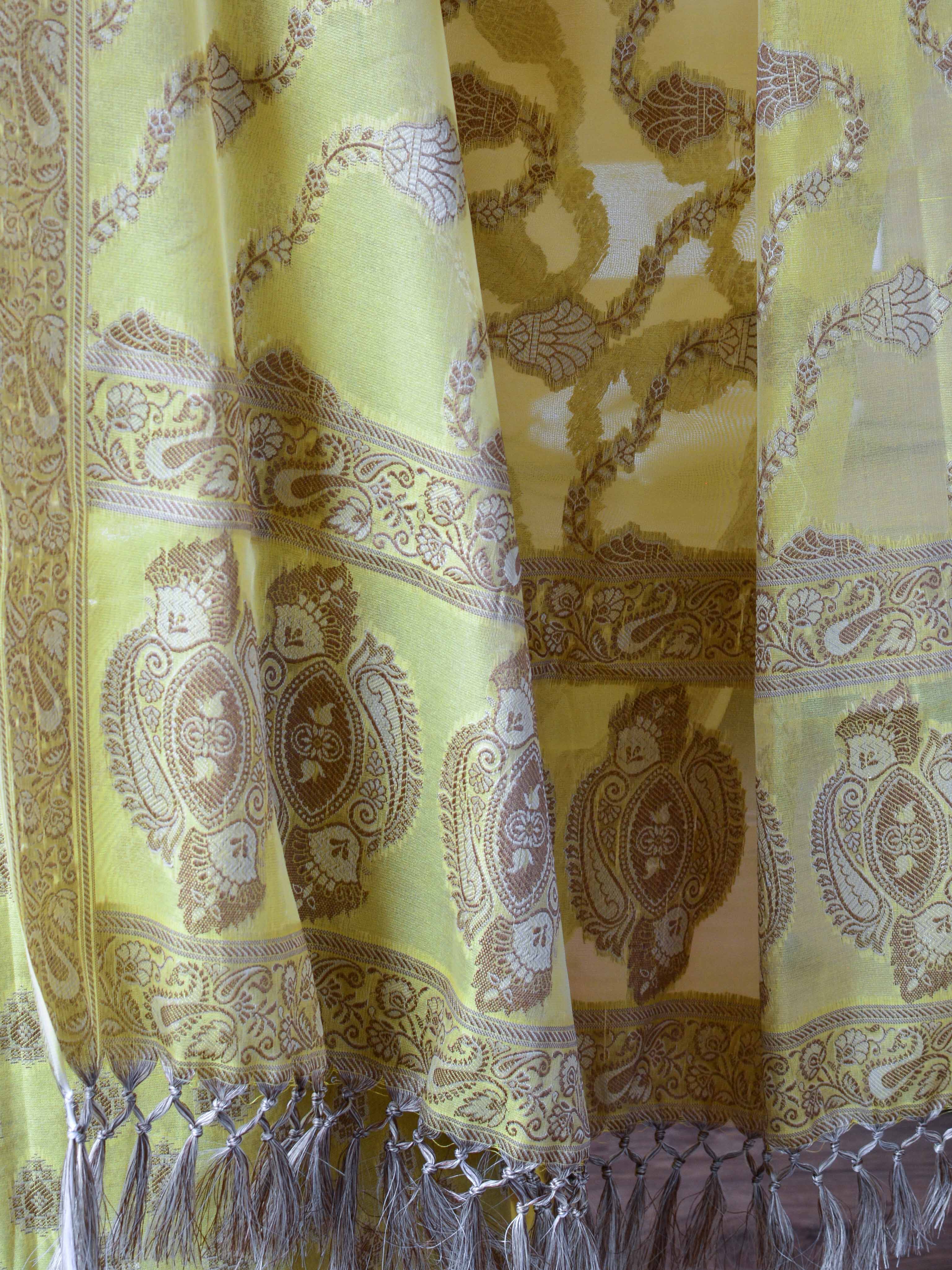 Banarasee Salwar Kameez Cotton Silk Resham Buti Woven Fabric-Yellow