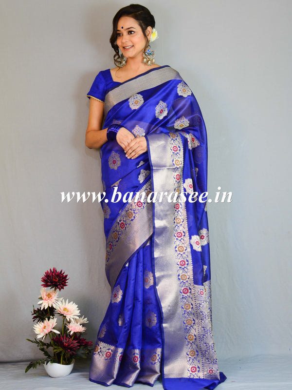 Banarasee Cotton Silk Saree With Zari & Meena Buta & Border-Blue