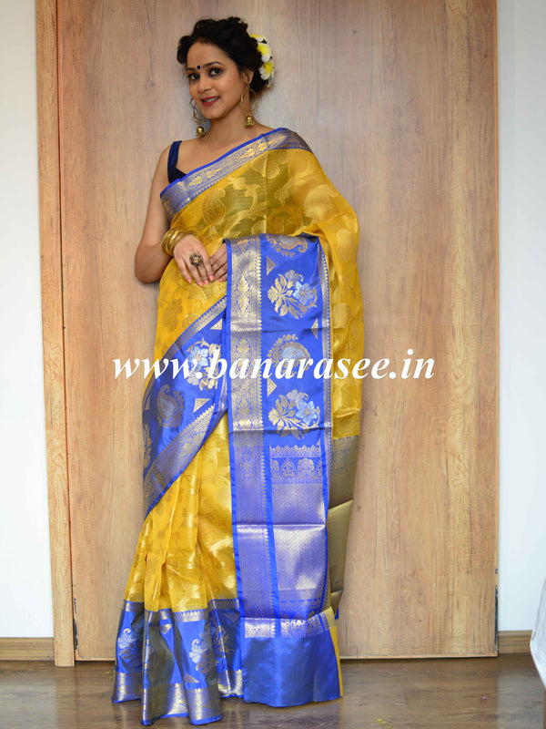 Banarasee Organza Tissue Mix Saree With Buta Design & Blue Satin Floral Border-Yellow