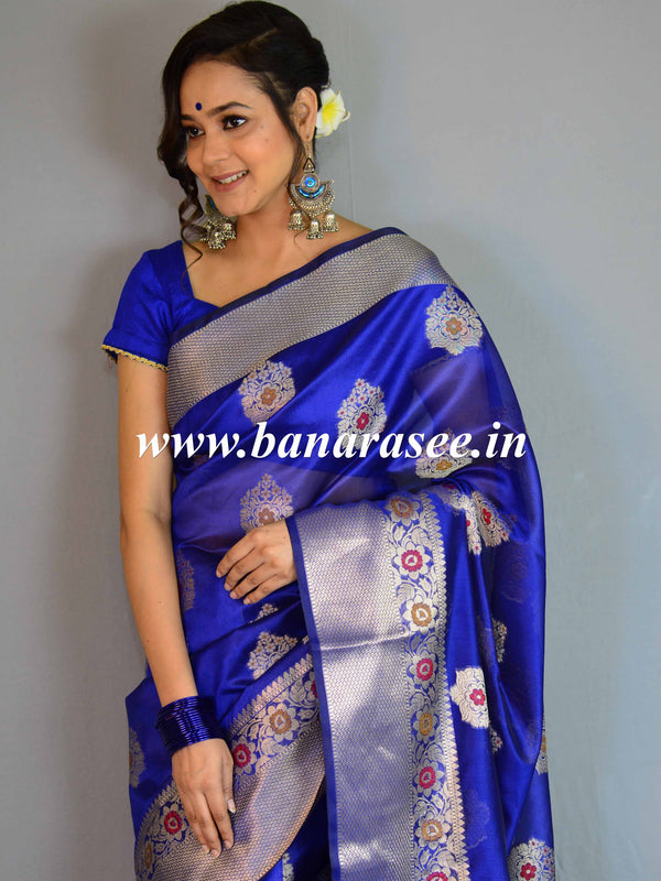 Banarasee Cotton Silk Saree With Zari & Meena Buta & Border-Blue