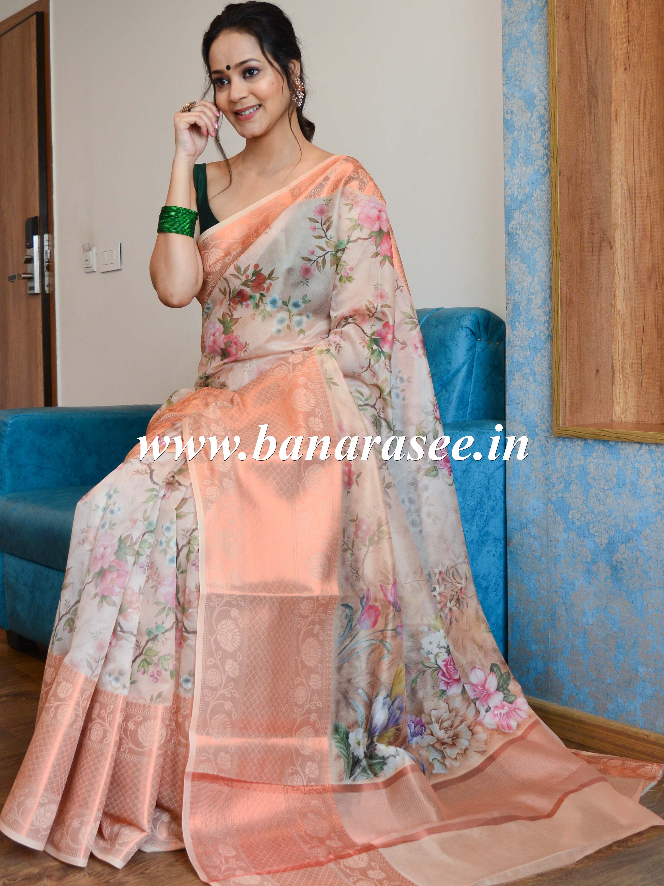 Banarasee Organza Silk Saree With Digital Floral Print & Zari Border-Beige