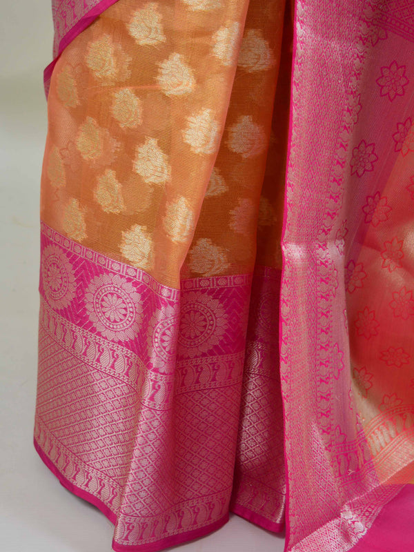 Banarasee Handwoven Broad Silver Border Tissue Saree-Peach